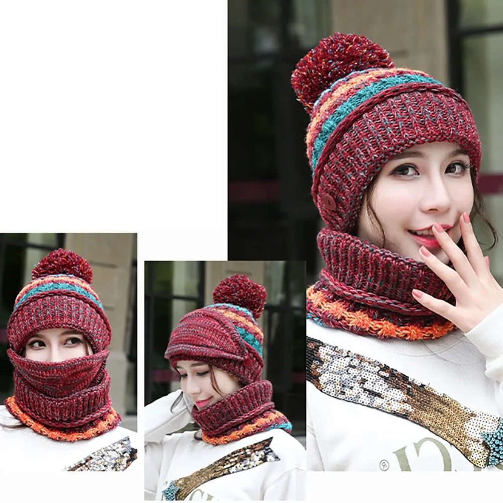 Beanie Hat Scarf Face Mask Set Thick Patchwork Detachable Knitted Cap Neck Warmer Headwear New