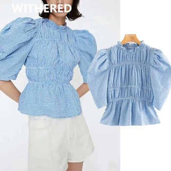 

Withered ins fashion blogger vintage puff sleeve plaid short blouse women blusas mujer de moda 2020 kimono shirt womens tops