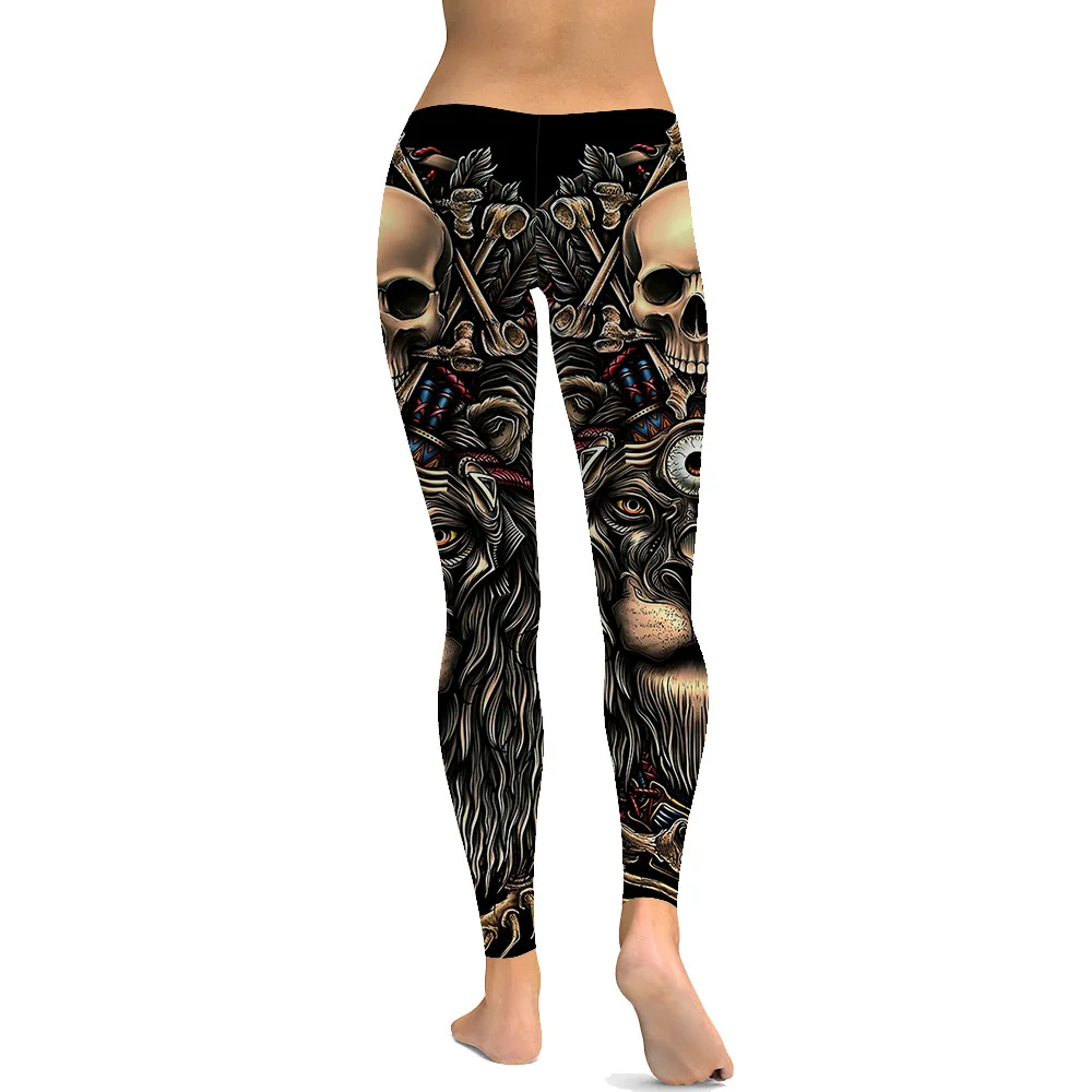 LEIMOLIS sexy gothic Lions Skulls Metal print push up leggings plus size women fitness workout punk high waist spandex leggins