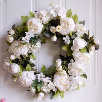 

16 Inch Peony Hydrangea Wreath Artificial Peony Flower Wreath Door Wreath With Green Leaves Spring Wreath For Front
