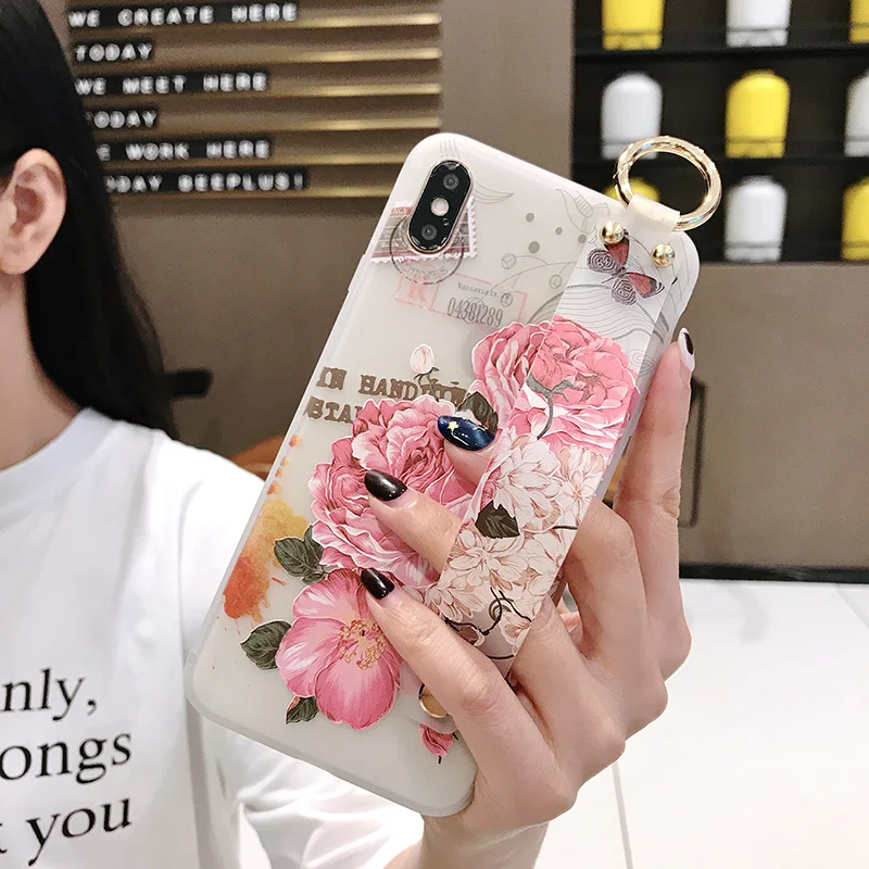 SoCouple Stand Holder Case For iphone X Xs max XR Case For iphone 6 6s 7 8 plus Flower Soft TPU Wrist Strap Phone Case Cover (3)