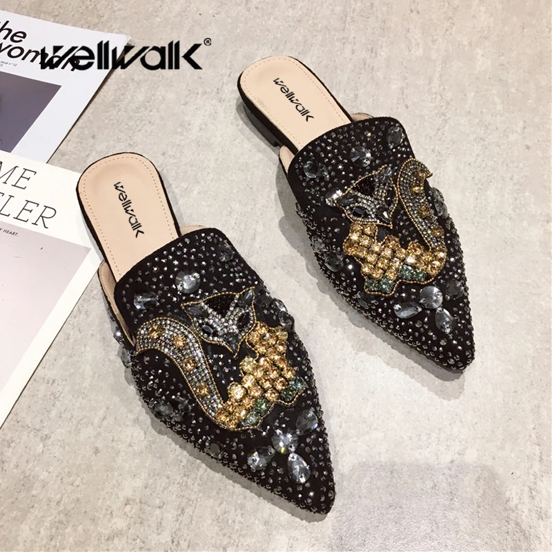 

Fashion Low Heel Shoes Women Flat Mule Slippers Fox Rhinestone Female Pointed Toe Slides Slip On Dress Loafers Lady Shoe Woman