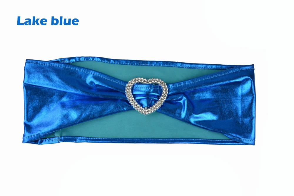 lake blue Hot Wedding/Baptism/Conference/Banquet Party Favor 50pcs/lot Gold/Silver Metallic Stretch Chair Sash Band With Heart Buckle - Цвет: lake blue