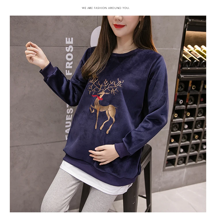 Velvet Autumn Korean Fashion Maternity Hoodies Lagre Size Loose Sweater Clothes for Pregnant Women Spring Pregnancy Shirts Tops