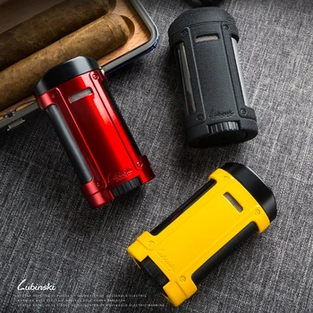 

LUBINSKI Creative Gas Window Refillable Cigar Lighter Metal Table 4 Torch Jet Cigarette Lighters With Gift Box Fit COHIBA