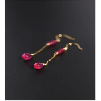 

DAIMI Plain surface water drop ruby earrings female day gemstones genuine yellow 18K gold color treasure ear hook gift