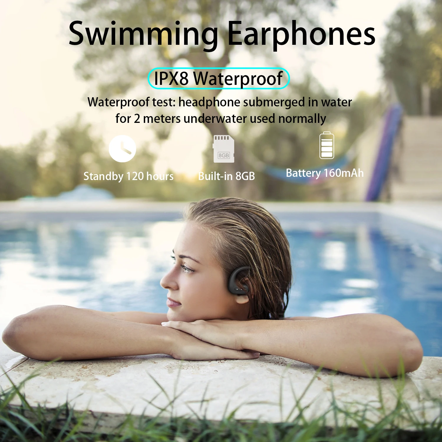 Aikswe-fones de Ouvido sem Fio Fones de Ouvido Bluetooth 8gb Fones de Ouvido Ipx8 Impermeável Leitor de Música Mp3 Headconjunto Esportivo para Xiaomi - Image 2
