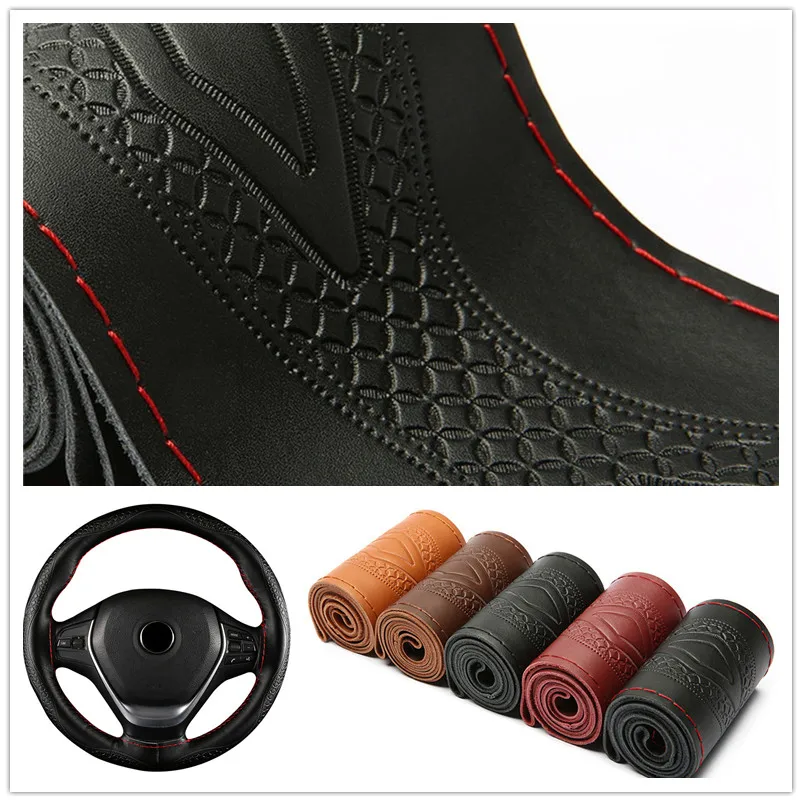 

2019 Braid Genuine Leather Steering Wheel Cover Embossing Pattern Leather Braiding For Steering Wheel 38CM