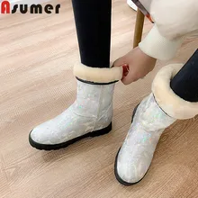 ASUMER/ г., новые зимние сапоги женские сапоги до середины икры с круглым носком без застежки на плоской подошве Удобные теплые зимние сапоги