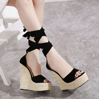 

hot style women's wedge sandals women's feeling strap wedge hemp rope thick soles Roman sandals high heel sandals 15cm