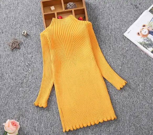 long dark yellow Г. Весенняя детская одежда свитера для девочек однотонный Хлопковый вязаный пуловер с длинными рукавами для маленьких девочек, свитер для девочек, топы для детей - Цвет: long dark yellow