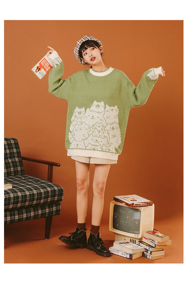 MERRY PRETTY Cartoon Cat Embroidery Knit Jumper Autumn Winter Womens Harajuku Pullover Sweater O-Neck Long Sleeve pullovers