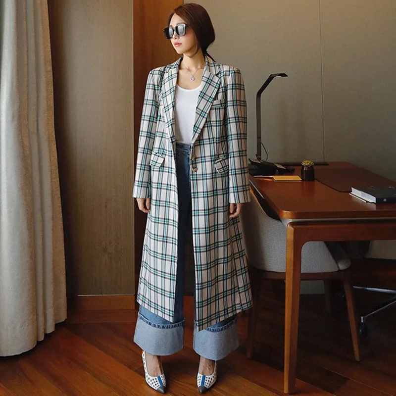 Fashion Green Plaid Lapel Long Sleeve Single-breasted Slim Windbreaker Woman Vintage Simple Fashion Tide Autumn Coat New TD193
