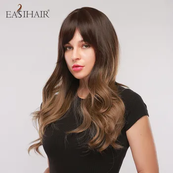 

EASIHAIR Long Brown Ombre Wigs with Bangs Wave Synthetic Hair Wigs for Women African American Heat Resistant Natural Hair Wigs