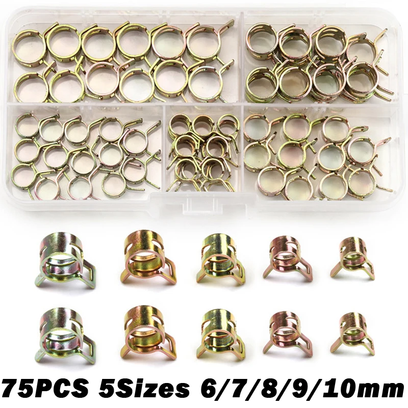 75PCS 6/7/8/9/10mm Spring Clip Hose Clamp Fastener Fuel Line Water Pipe Air Tube Car Plumbing Assortment Kit | Обустройство дома