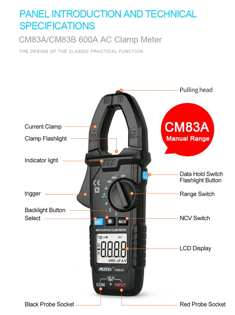 MESTEK цифровой клещи 600A AC ток AC/DC напряжение Ом True RMS Авто Диапазон VFD емкость мультиметр NCV тестер амперметр