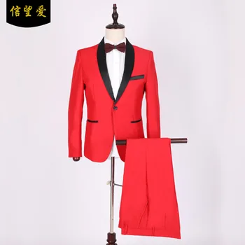 

2020 Men Orange Black Collar Suit Stage Suit Youth Host Clothing Suit Leisure Suit Two Pieces