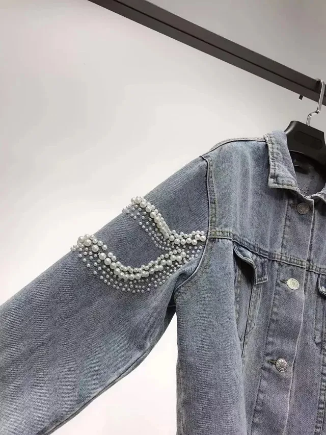 Джинсовая куртка с бусинами, однобортный, с отложным воротником, с длинным рукавом, джинсовое пальто с карманами