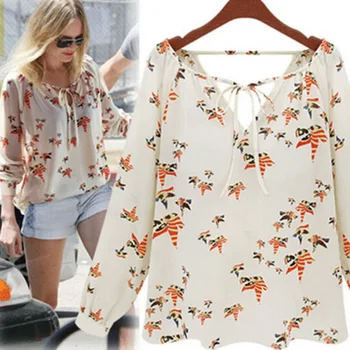 

2019 Women Autumn Fashion Flowar Chiffon Top Blouse Short Long Sleeve Dove Print Casual Loose Shirt Blusa Feminino