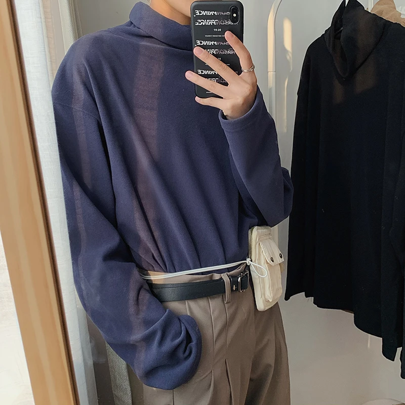 Зимняя новая Корейская версия плюс бархатная супер мягкая однотонная Свободная Повседневная футболка с высоким воротником и длинным рукавом - Цвет: NavyBlue