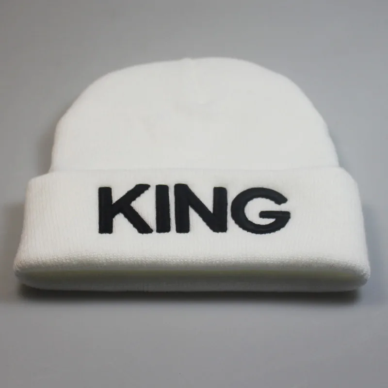 Европейский стиль, мужская вязаная шапка с вышивкой KING, женская, с надписью QUEEN, пара, зимняя, уличная, лыжная, хип-хоп, шерстяная, теплая шапка, шапочка - Цвет: White black King