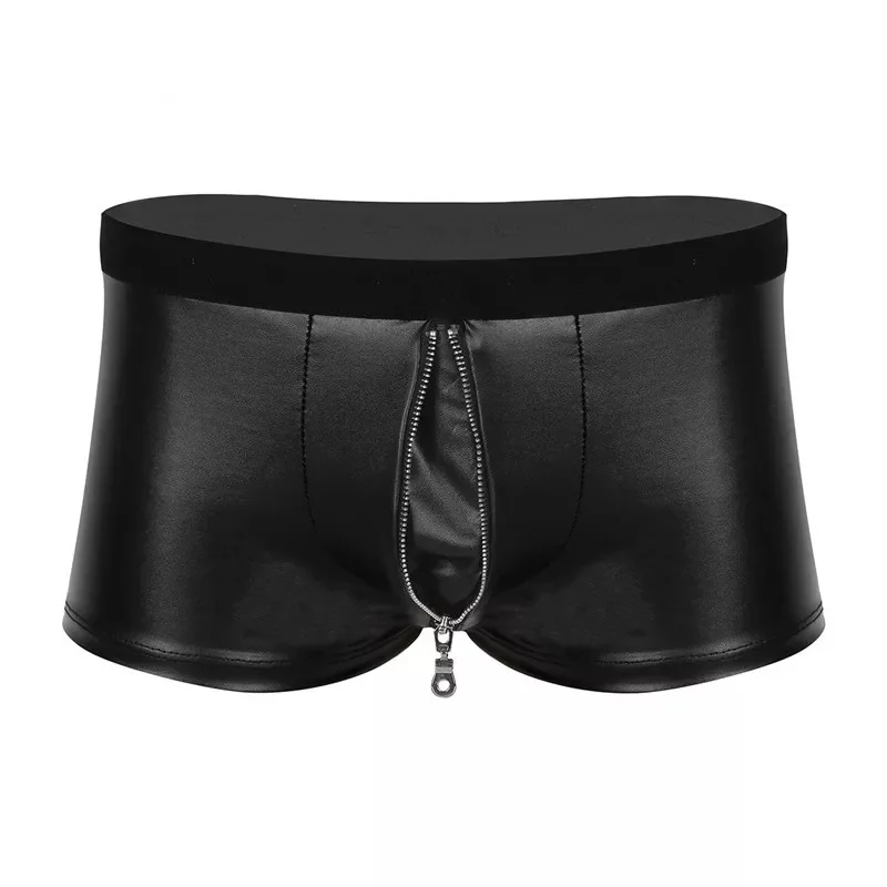 Mens Sexy Open Crotch Leather Short Pants For Sex Zipper Crotchless Soft Patent Leather Fetish Boxer Erotic Hot Porn Pants Sexi