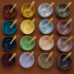 1Set Silicone Baby Feeding Bowl Tableware Wooden Free Spoon Non-Slip Crockery BPA Free Silicone Dishes Baby Bowl Baby Plate