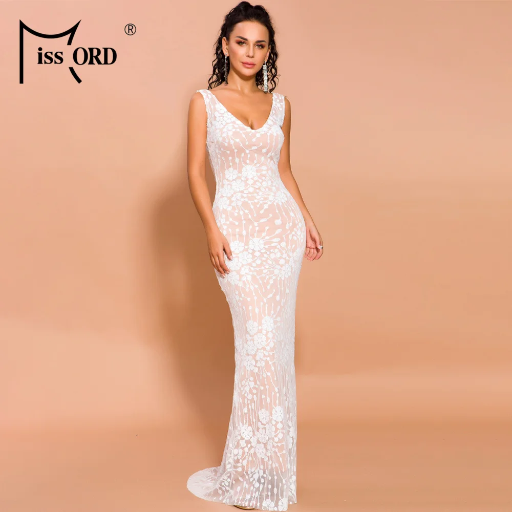 

Missord 2019 Elegant Women Maxi Dresses Sleeveless Sequins Deep V Neck Women Party Dresses Floor Length Long Dresses FT19434