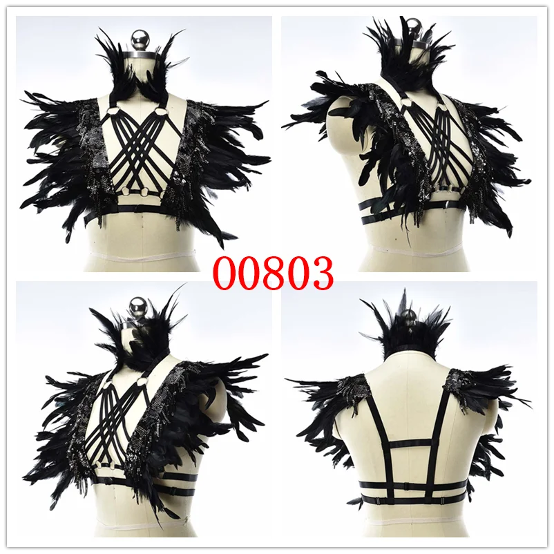 Gothic Black Neck Collar Feather Harness Clothes Accessories Sexy Lingerie Cage Bra Dance Exaggerate Feather Body Harness Wing