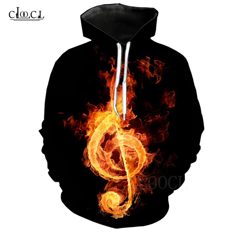 3D Flame Hoodies Fashion Mens Sweatshirts Comic Fire Musical Notation Printed Harajuku Pullover Hoodie Casual Women Streetwear
