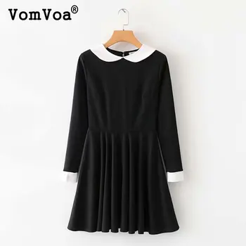 

Spring Clothing New Style Korean-style Peter Pan Collar Knitted Long Sleeve Waist Hugging Dress Mid-length Black Dress
