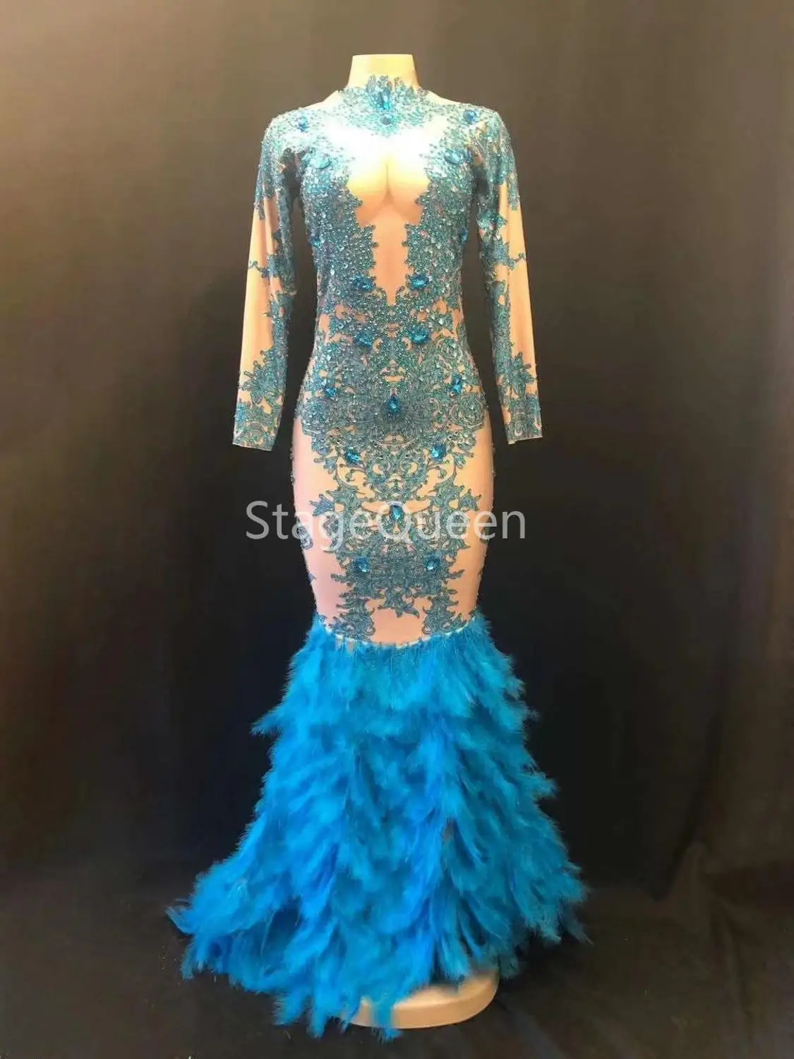 

Blue Feather Rhinestones Stretch Dress Stage Outfit Women Birthday Celebrate Dresses Singer DS DJ Stage Evening Clothing