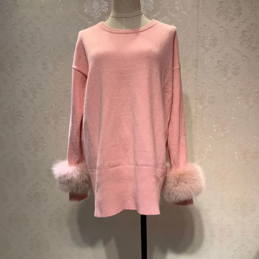 pink Зимнее женское платье-свитер с рукавами из лисьего меха, женское платье с круглым вырезом, розовый свитер с длинным рукавом, платье высокого качества - Цвет: pink