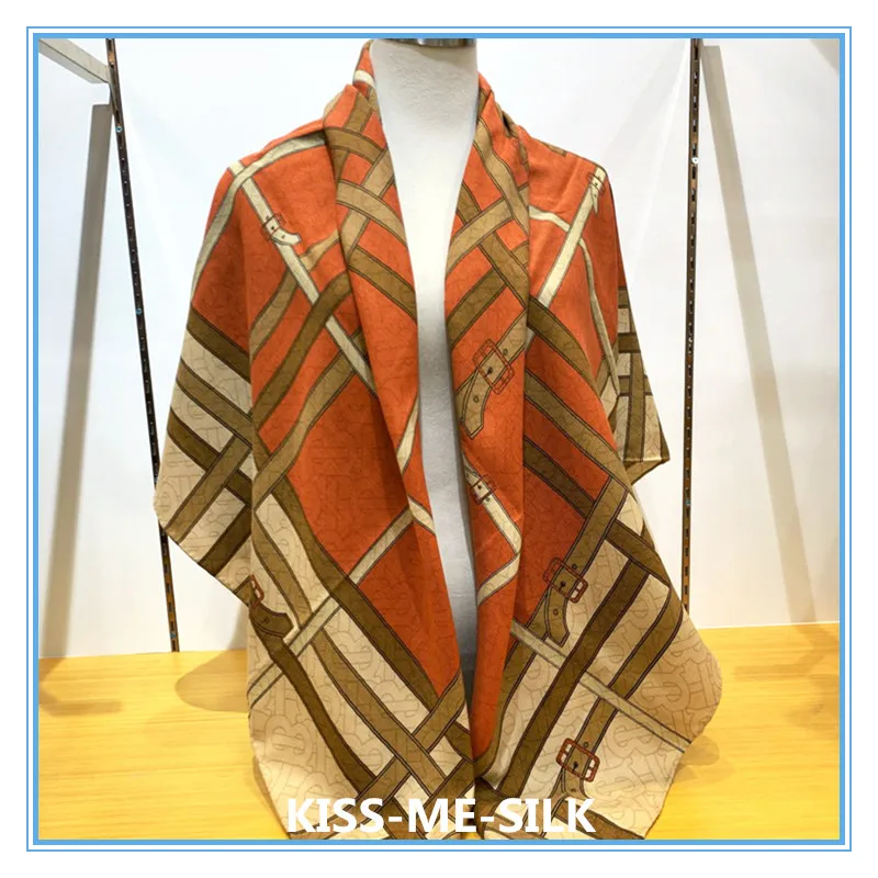 

KMS Geometric Belt Double-sided Two-color Printing Hand-curled silk cashmere warm large square scarf shawl 135*135/195G