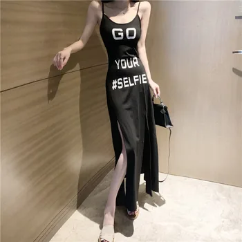 

Women Sexy Spaghetti Strap Dress Fashion Letter Print Sleeveless Summer Long Dress Female Side Slit Casual Women Dress