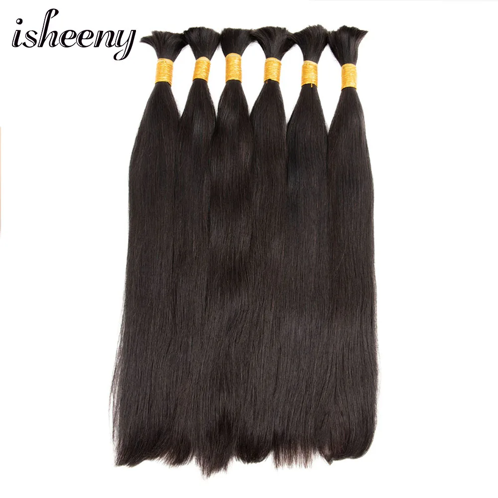 Isheeny Natural Black Human Hair Bulk Bundles 12"-26" No Weft European Remy Human Hair Raw Salon Material Extensions 100g