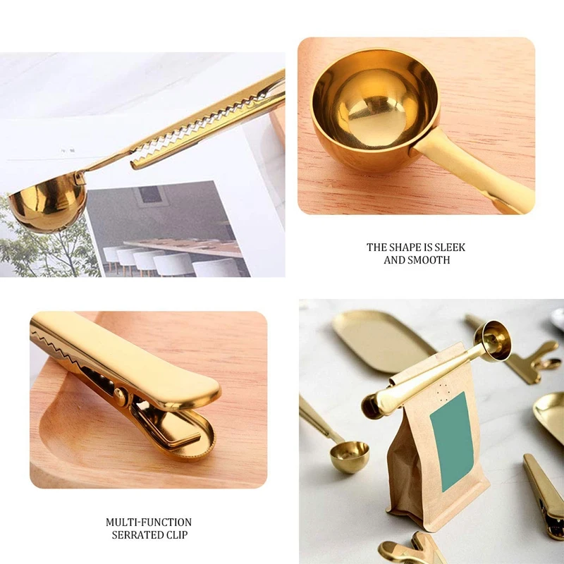 

10 PCS Scoop with Clip, 2 in 1 Stainless Steel Coffee Spoon and Saucer with Sealing Clip for Measuring Coffee, Tea, Protein Powd