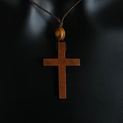 Elegant Cross Pendant Necklace with Natural Wood Amulet Choker Chain Jewelry (RED - BROWN)