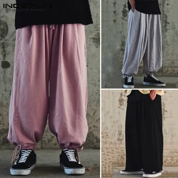 

INCERUN Casual Street Men Solid Color Elastic Waist Harem Pants Baggy Joker Fashion Wide Sweatpants Comfort Joggers Mens Trouser