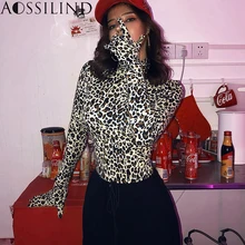 AOSSILIND Sexy Leopard Turtleneck Skinny Bodysuits With Gloves Women Autumn Long Sleeve Rompers Night Club Stretchy Bodysuit