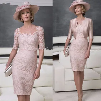 

Knee Length Short Mother of the Bride Groom Lace Dresses with Jackets 2019 for Wedding Party Gowns Half Sleeves Sheath Godmother
