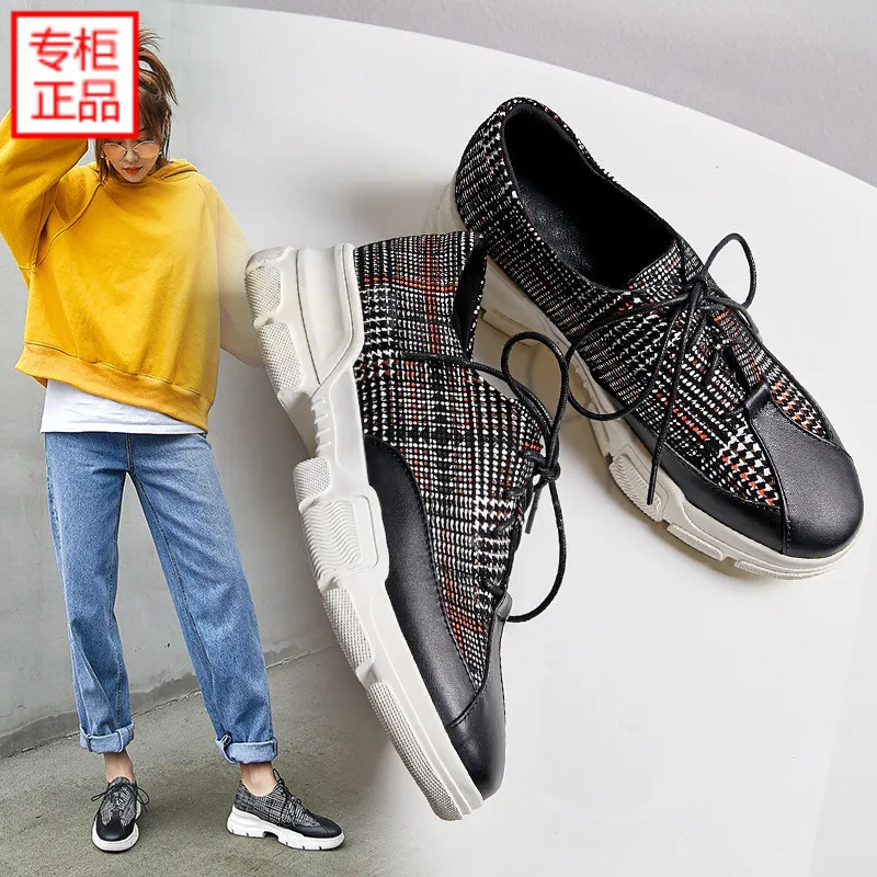 

2019 Spring New Style Genuine Leather Casual Sports Shoes Small Leather Shoes Women's Thick Bottomed Platform Shoes Lace-up Shoe