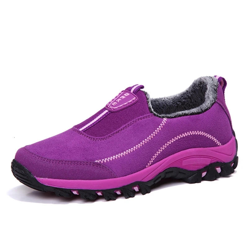 purple woman35-41 Теплые мужские кроссовки; зимняя хлопковая обувь; женская спортивная обувь на меху; мягкая мужская обувь без шнуровки на нескользящей резиновой подошве - Цвет: purple woman35-41