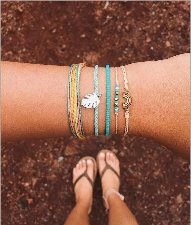 

Fashion 5Pcs/1Set Hand Made Alloy Bracelet Beads Leaves Rainbow Bohemia Accessories Bracelets Jewelry Gift For Women