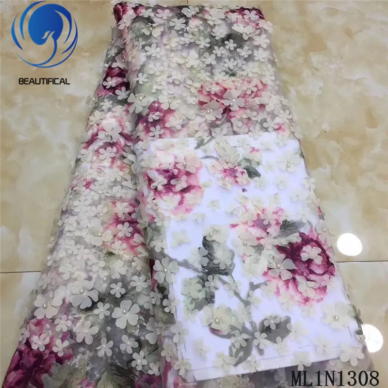 

BEAUTIFICAL French 3d flowers lace fabrics Latest style nigerian net lace with beads prints lace fabric for women ML1N1308