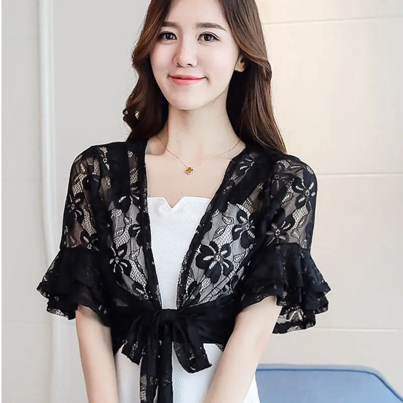 

Black White Lace Shrugs for Women Bolero Floral Wedding Bridal Jacket Cape Dress Party Top Cover Up Open Front Cardigan Wraps