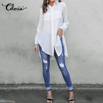 

S-5XL Office Elegant Long Shirt Top Celmia Fashion Women Soild Long Sleeve Blouse Lapel Collar Pocket Hem Split Loose Blusas 7