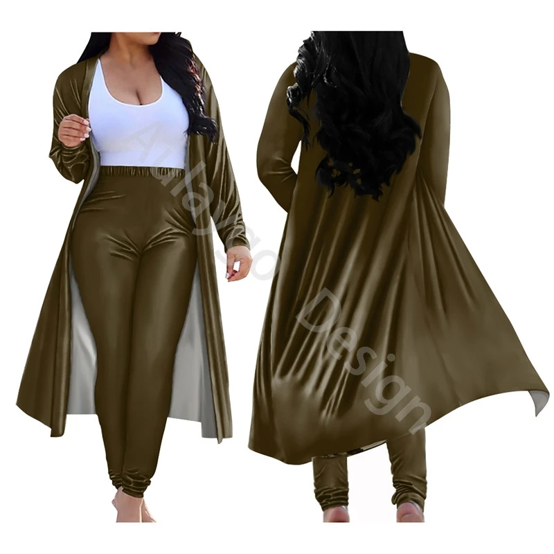

Solid Color 2 Piece Sets Womens Outfits Custom Ladies Long Cardigan Elastic Leggings Set New Style Spring Autumn Clothes