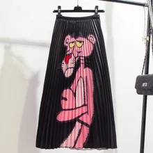 Летняя Осенняя Женская юбка с мультяшным принтом, плиссированная юбка миди с цветочным рисунком, высокая эластичность, черные юбки для женщин размера плюс