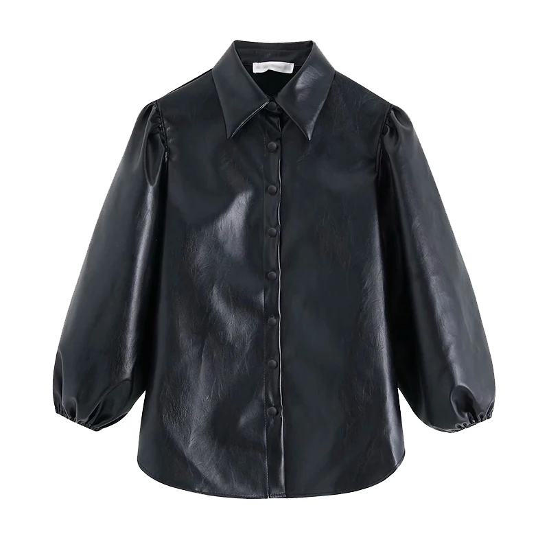 

Women Chic Pu Leather Black Blouse Buttons Lantern Sleeve Cool Female Leather Solid Top FFZSY445